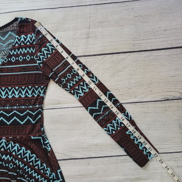 Casa Lee Size M Long Sleeve Geometric Bodycon Midi Dress V-Neck Teal Brown - Picture 9 of 11